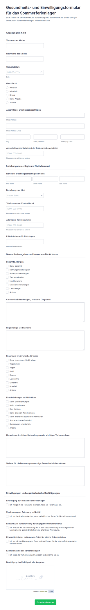 Gesundheits Und Einwilligungsformular Für Sommerlager