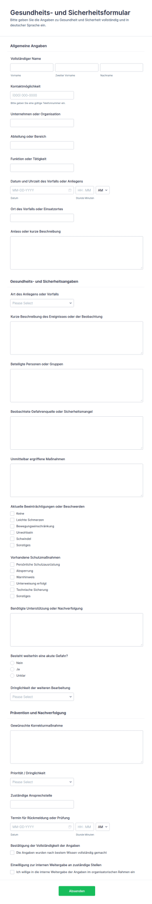 Gesundheits Und Sicherheitsformular