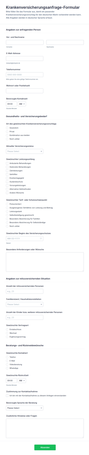 Gesundheitsversicherungsangebot Formular