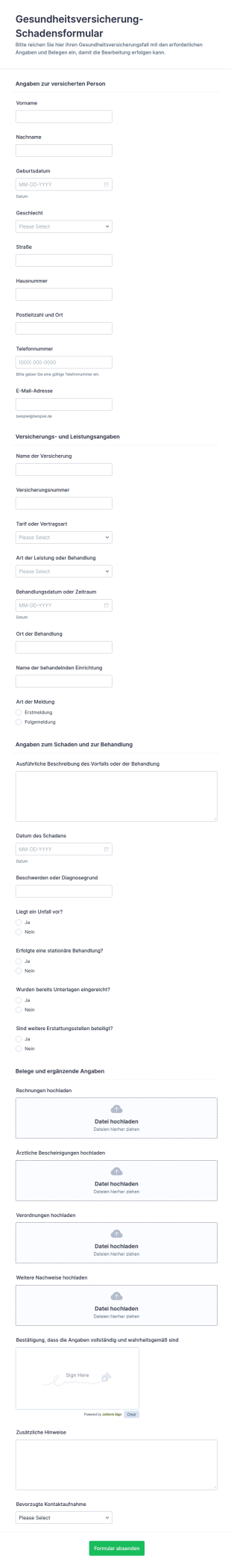 Gesundheitsversicherungsanspruch Formular