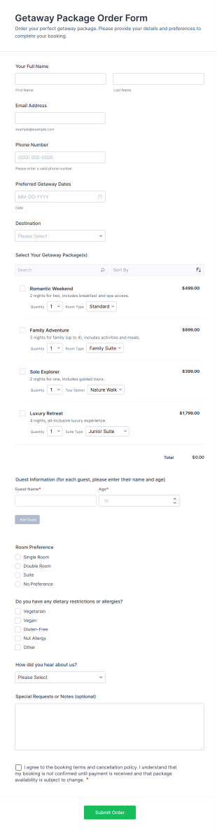 Getaway Package Order Form Template
