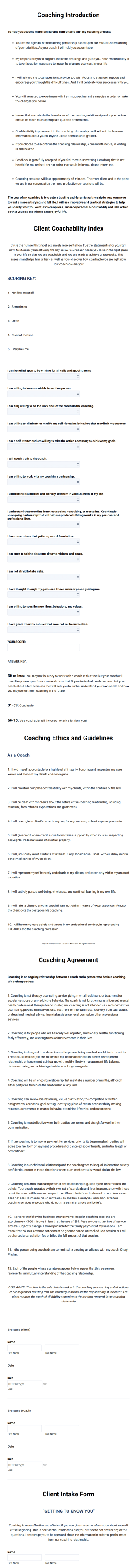 New Coaching Clients Initial Assessment Form Template