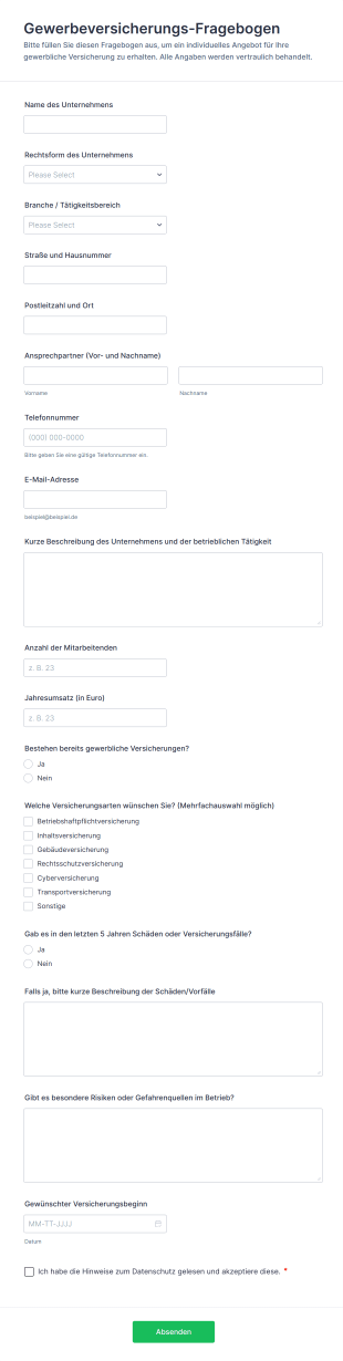 Gewerbeversicherungs Fragebogen