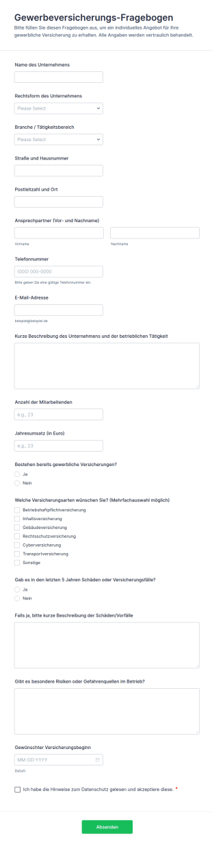 Gewerbeversicherungs Fragebogen