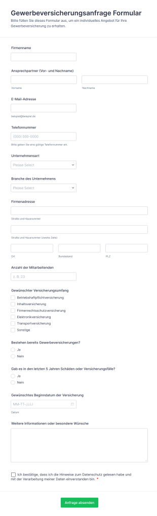 Gewerbeversicherungsanfrage Formular