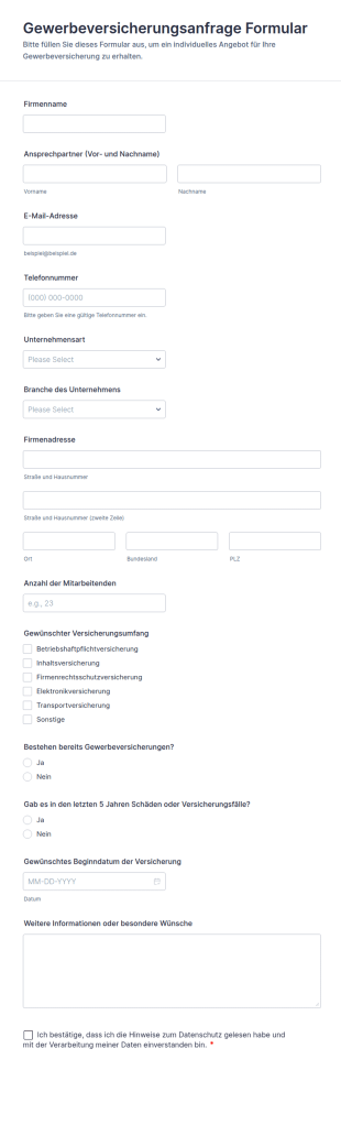 Gewerbeversicherungsanfrage Formular