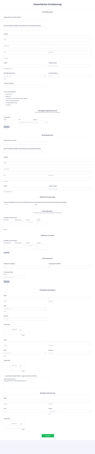 Gewerblicher Kreditantrag Form Template