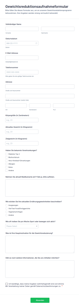 Gewichtsreduktionsaufnahmeformular
