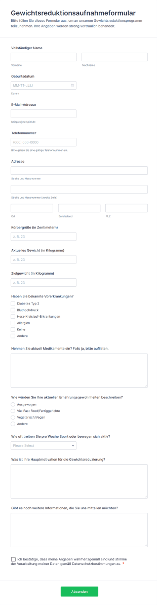 Gewichtsreduktionsaufnahmeformular