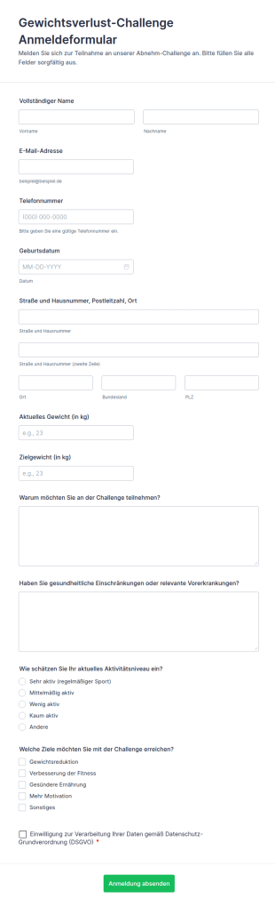 Gewichtsverlust Challenge Anmeldeformular