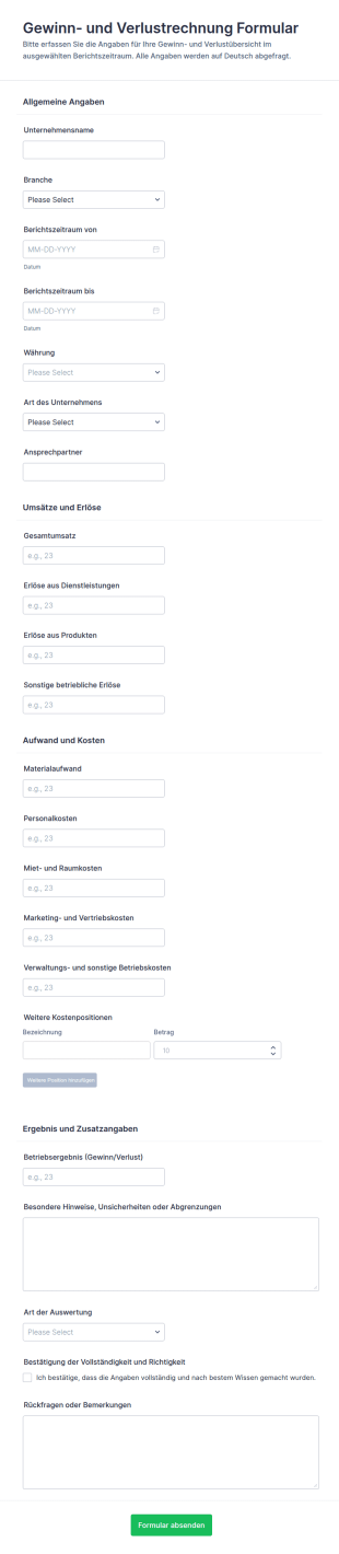Gewinn Und Verlustrechnungsformular