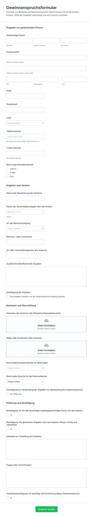 Gewinnspiel Gewinneranspruch Formular