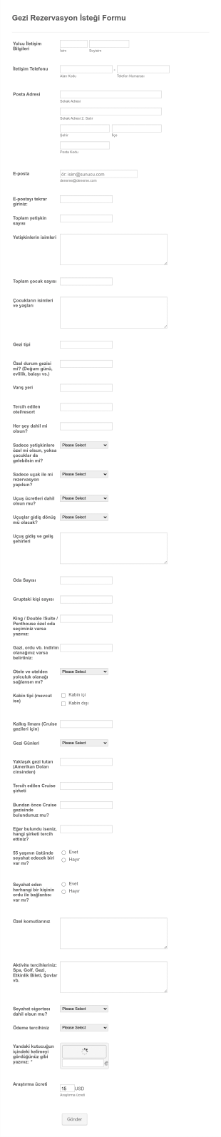 Gezi Rezervasyon İstek Form Template