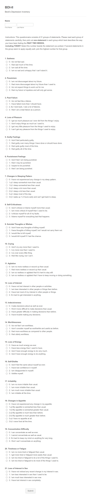 Gft Bdi II Form Template