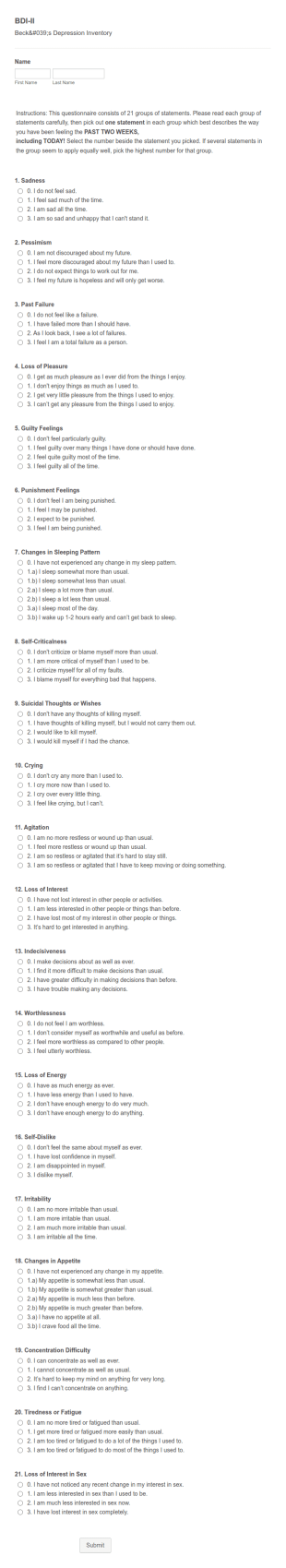 Gft Bdi II Form Template