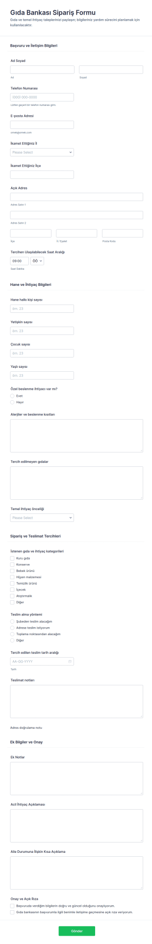 Gıda Bankası Sipariş Form Şablonu
