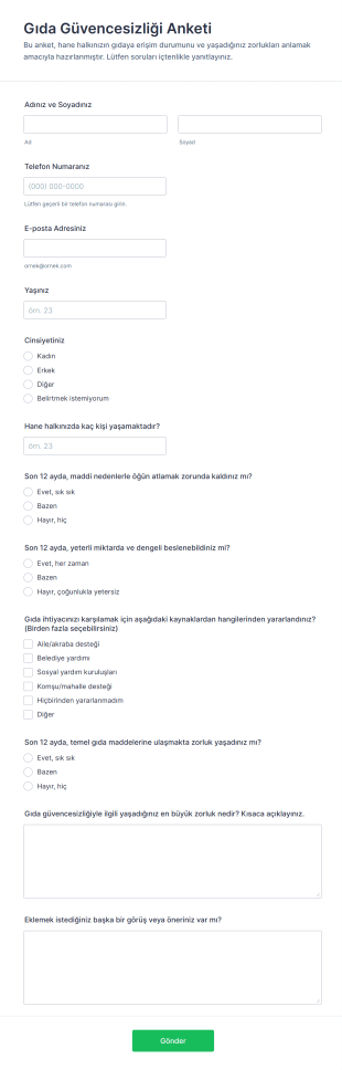 Gıda Güvencesizliği Anketi Form Şablonu