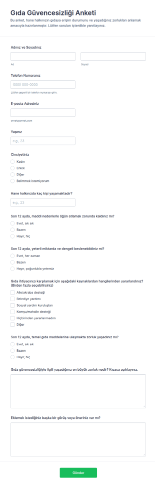 Gıda Güvencesizliği Anketi Form Şablonu