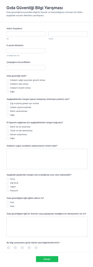 Gıda Güvenliği Bilgi Yarışması Form Şablonu