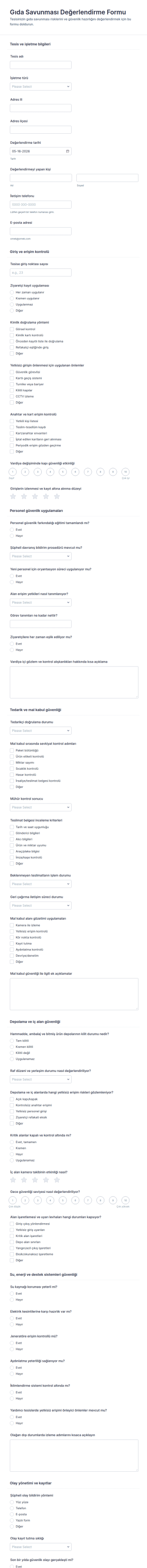 Gıda Güvenliği Değerlendirme Anketi Form Şablonu
