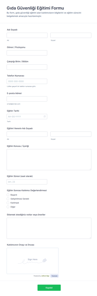 Gıda Güvenliği Eğitimi Form Template