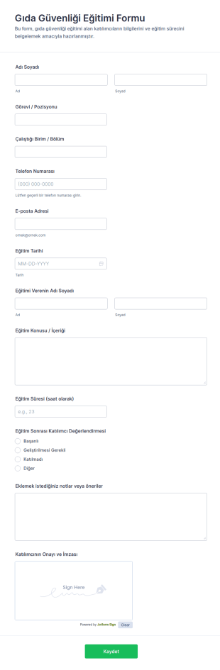 Gıda Güvenliği Eğitimi Form Şablonu