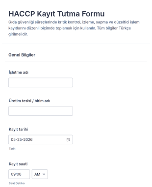 Gıda Güvenliği Kayıt Form Şablonu