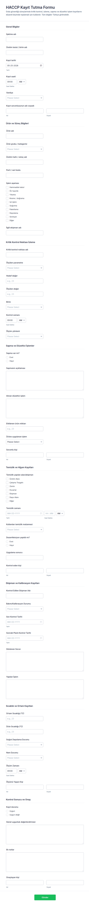 Gıda Güvenliği Kayıt Form Şablonu
