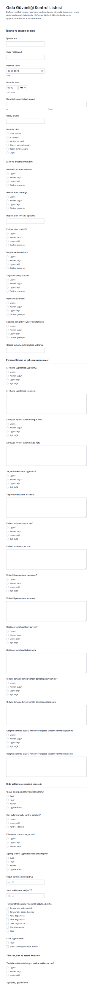 Gıda Güvenliği Kontrol Listesi Form Şablonu