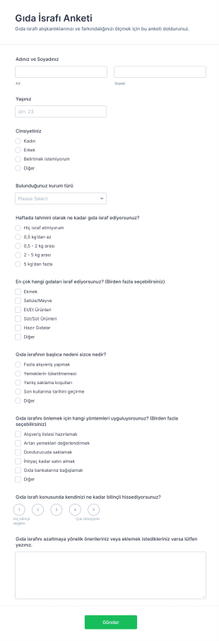Gıda İsrafı Anketi Form Şablonu