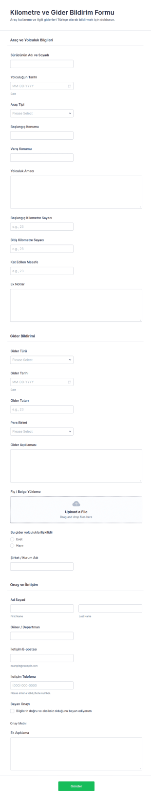 Gidiş Geliş Ve Masraf Raporu Form Şablonu