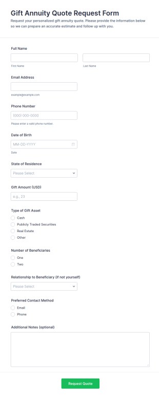 Gift Annuity Quote Request Form Template