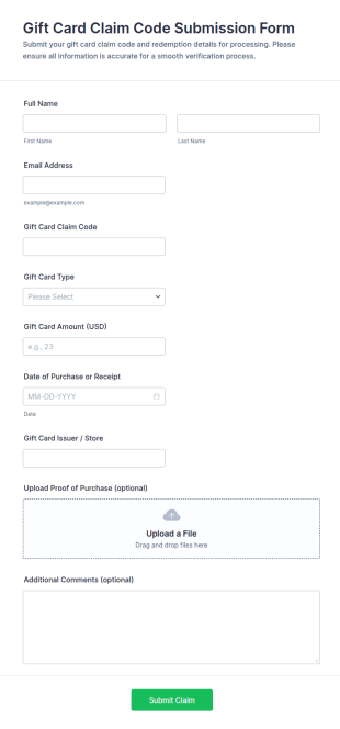 Gift Card Claim Code Submission Form Template