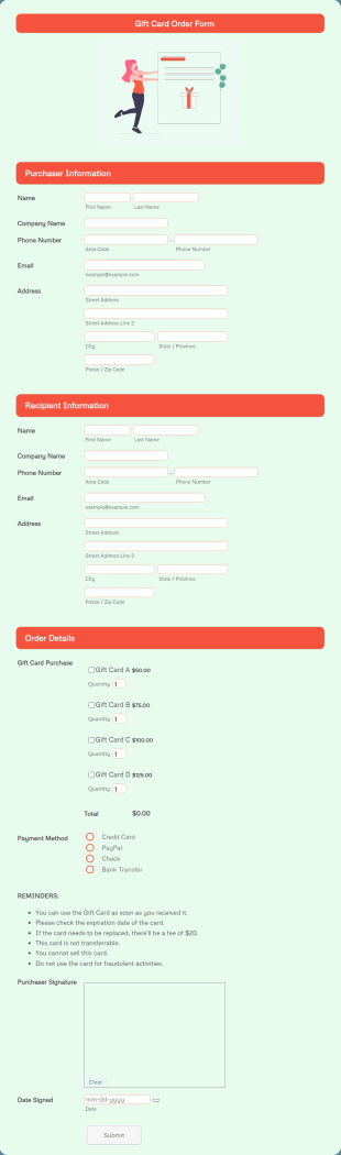 Gift Card Order Form Template