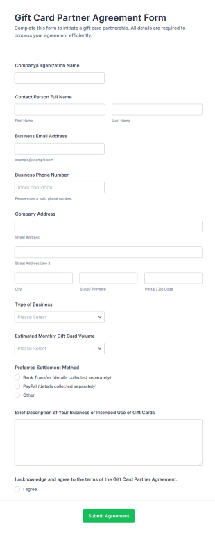 Gift Card Partner Agreement Form Template