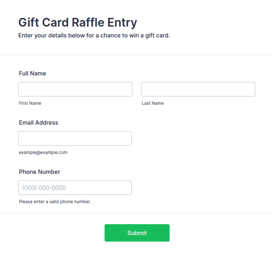 Gift Card Raffle Add Gift Card Raffle Entry Form Template | Jotform