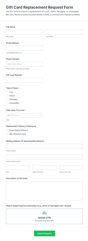 Gift Card Replacement Request Form Template