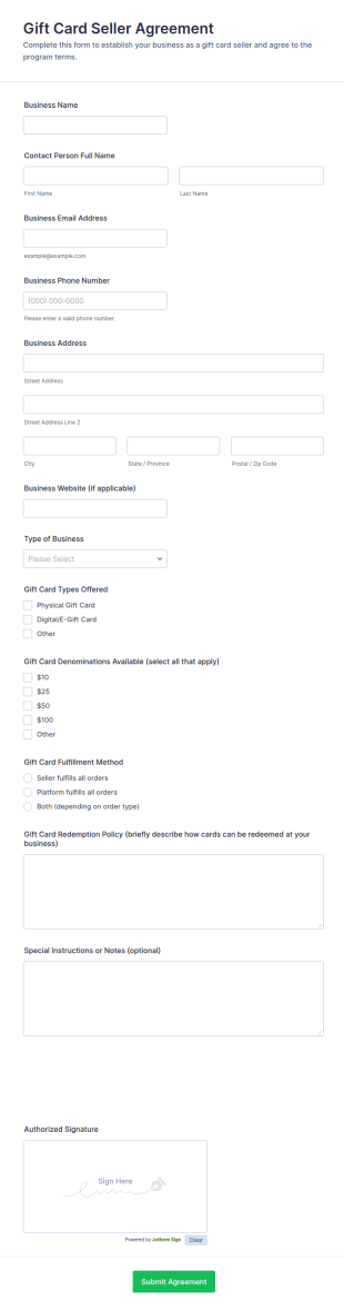 Gift Card Seller Agreement Form Template