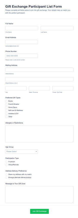 Gift Exchange Participant List Form Template