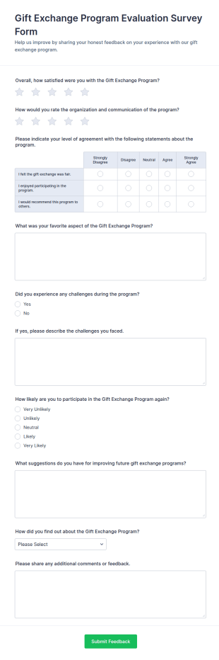 Gift Exchange Program Evaluation Survey Form Template