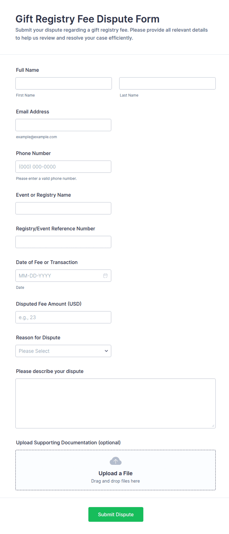 Contract Form Template.pdf Gift Registry Fee Dispute Form Template | Jotform