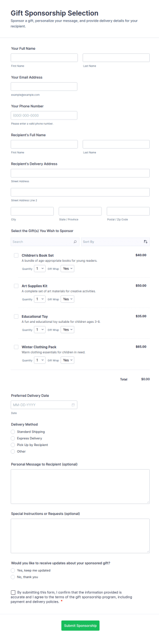 Gift Sponsorship Selection Form Template