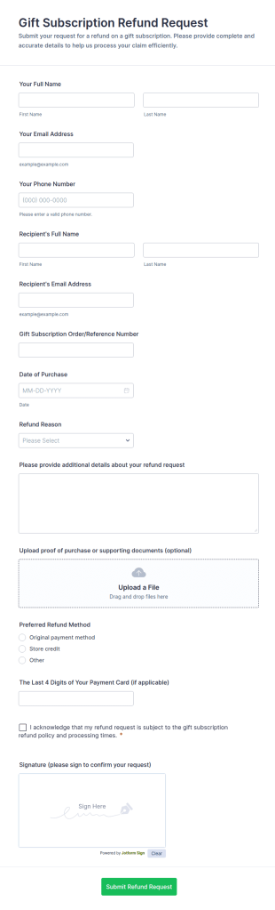Gift Subscription Refund Request Form Template