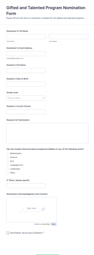 Gifted And Talented Program Nomination Form Template