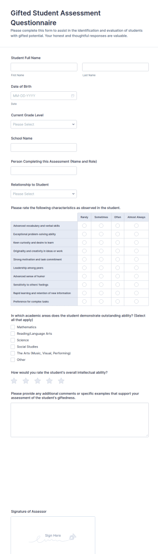 Gifted Student Assessment Questionnaire Form Template