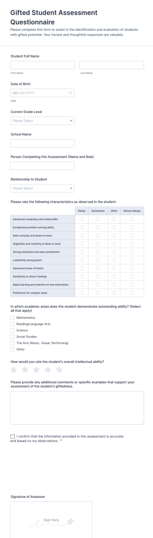 Gifted Student Assessment Questionnaire Form Template