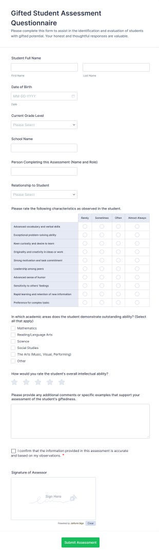Gifted Student Assessment Questionnaire Form Template