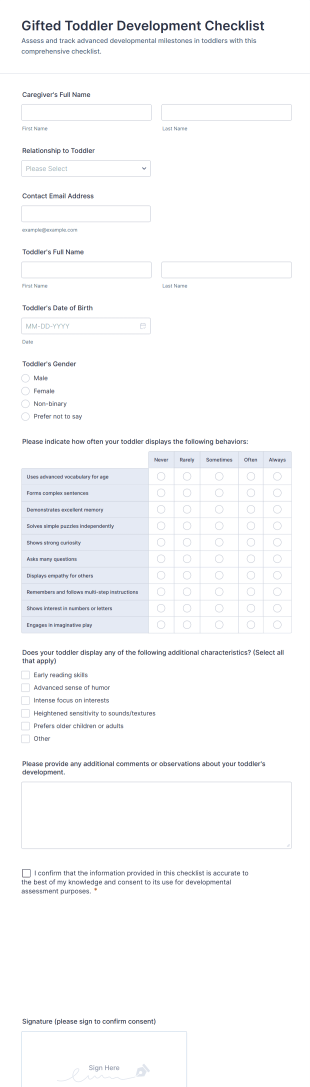 Gifted Toddler Development Checklist Form Template