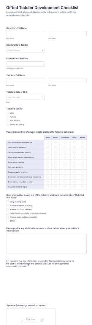 Gifted Toddler Development Checklist Form Template
