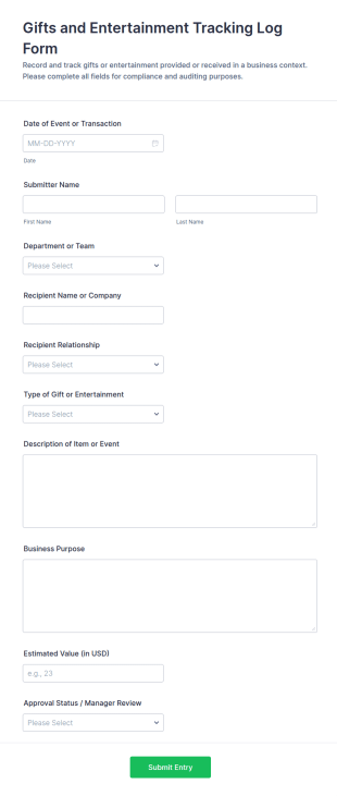 Gifts And Entertainment Tracking Log Form Template